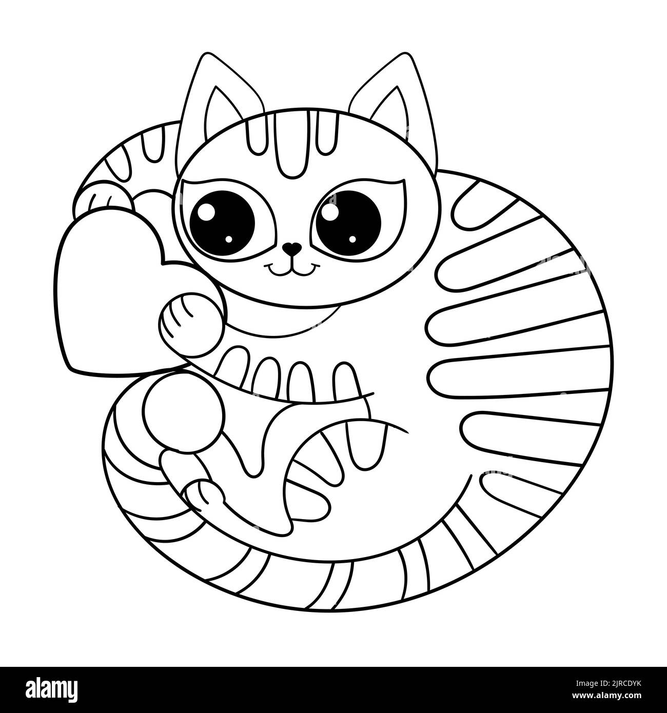 Gatto cartone animato che tiene un cuore. Disegno vettoriale lineare in bianco e nero. Vettore Illustrazione Vettoriale
