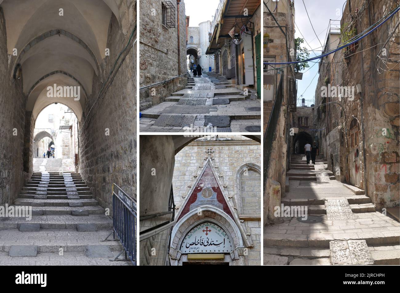 La via dolorosa è una via di Gerusalemme che corrisponde al sentiero lungo il quale Gesù, portando la croce, fu portato al luogo della sua crocifissione. Foto Stock