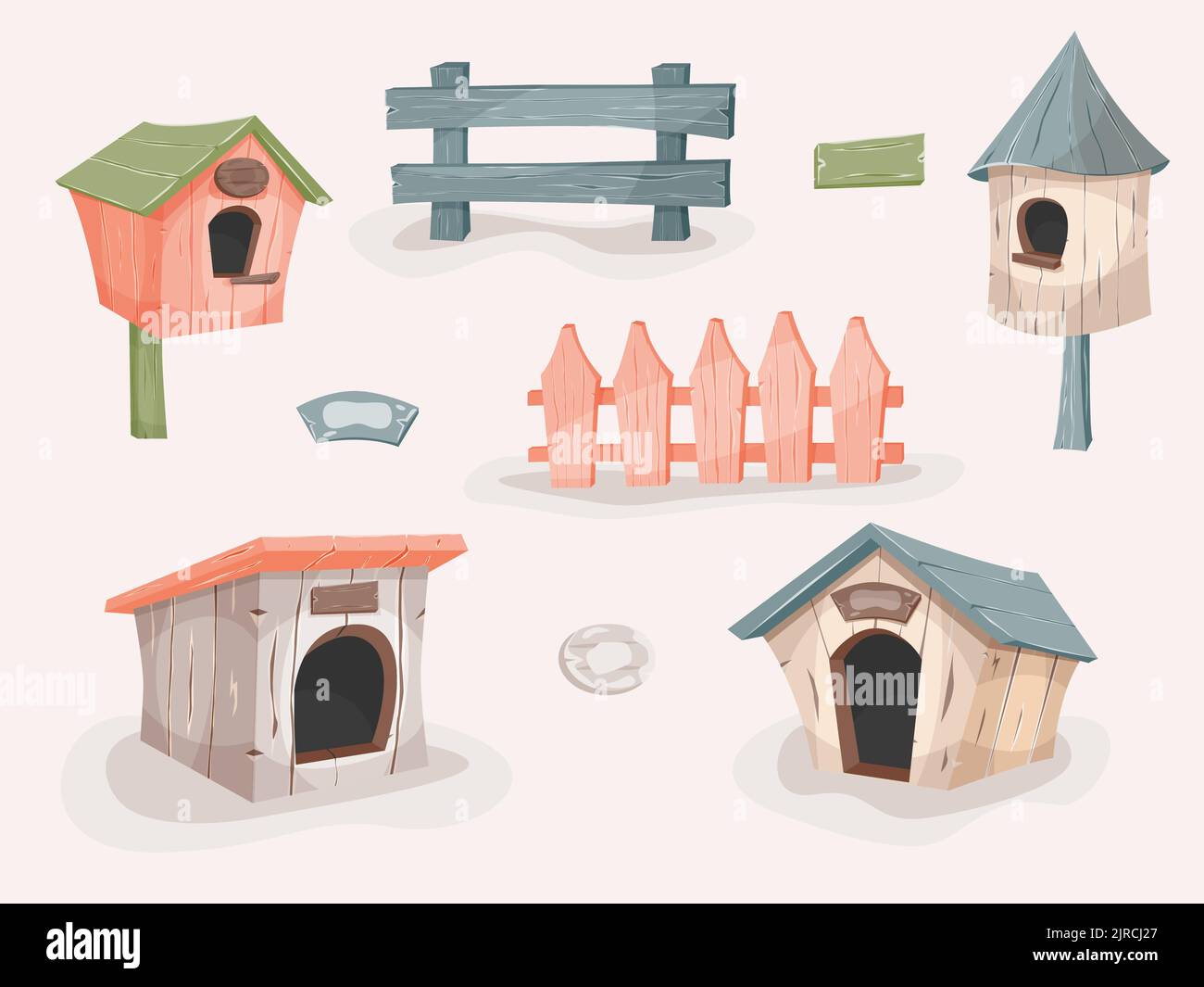 Set di doghe, birdhouses e recinzioni. Case di legno colorate in stile cartoon, alimentatori. Barchitecture. Illustrazione Vettoriale
