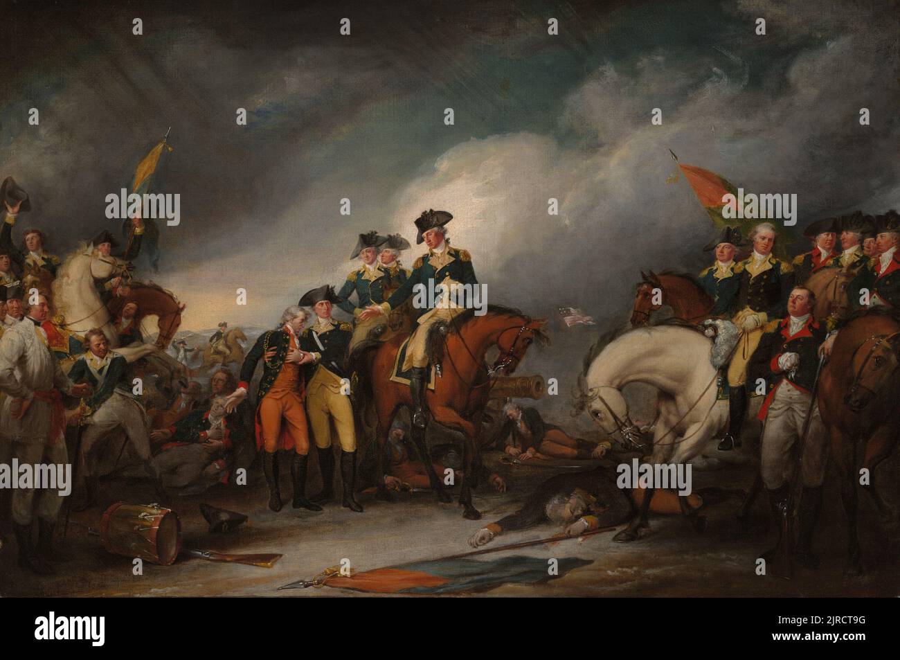 La cattura degli essiani a Trenton, 26 dicembre 1776 da John Trumbull. Il dipinto raffigura il momento in cui l'esercito continentale americano, di recente costituzione, guidato da George Washington, attraversò il fiume Delaware e catturò le truppe hessiane di sorpresa Foto Stock