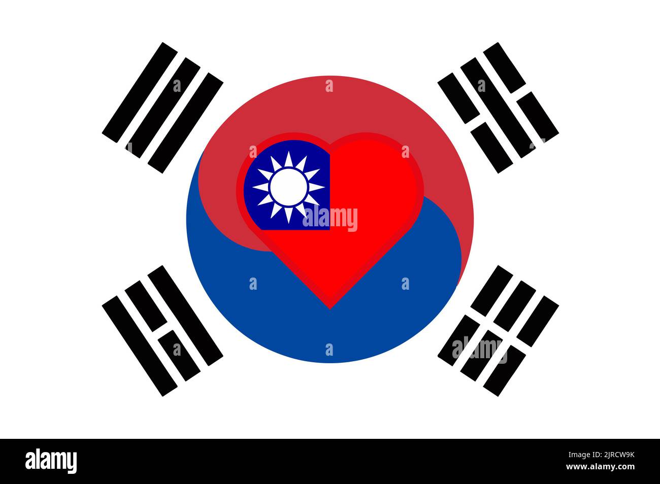Bandiera di Taiwan in forma di cuore sulla bandiera della Corea del Sud. Sostegno alleato a Taiwan. Doppio flag piatto - illustrazione. Foto Stock