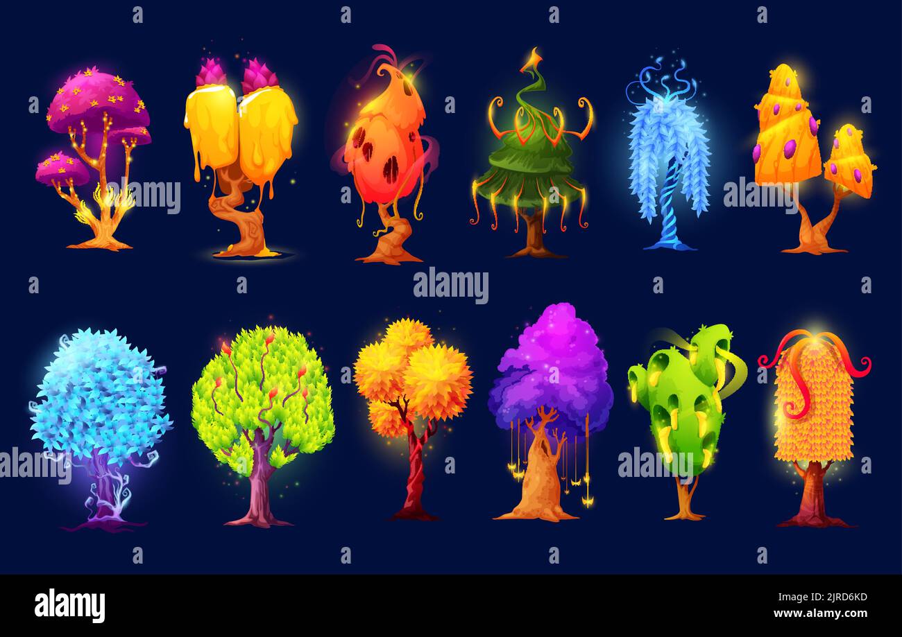Cartone fantasy alberi e piante alieni luminosi. Piante di foresta di magia vettoriale isolate con scintille, corone incandescenti colorate, funghi e affioramenti. Bush e fiori da favola strani Illustrazione Vettoriale