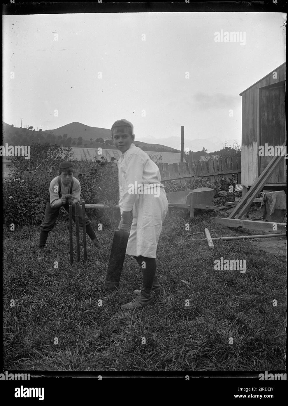 Test match sul prato, Nuova Zelanda, di Fred Brockett. Foto Stock