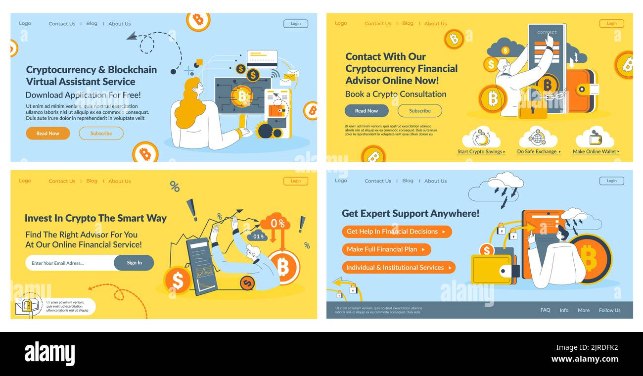 Web banner set design per il consulente di criptovaluta Illustrazione Vettoriale