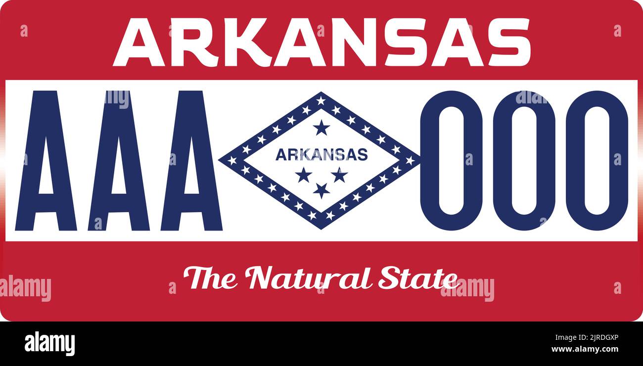 Marcatura delle targhe dei veicoli in Arkansas negli Stati Uniti d'America, targhe dei veicoli. Numeri di targa dei veicoli di diversi Stati Uniti d'America. Stampa vintage Illustrazione Vettoriale