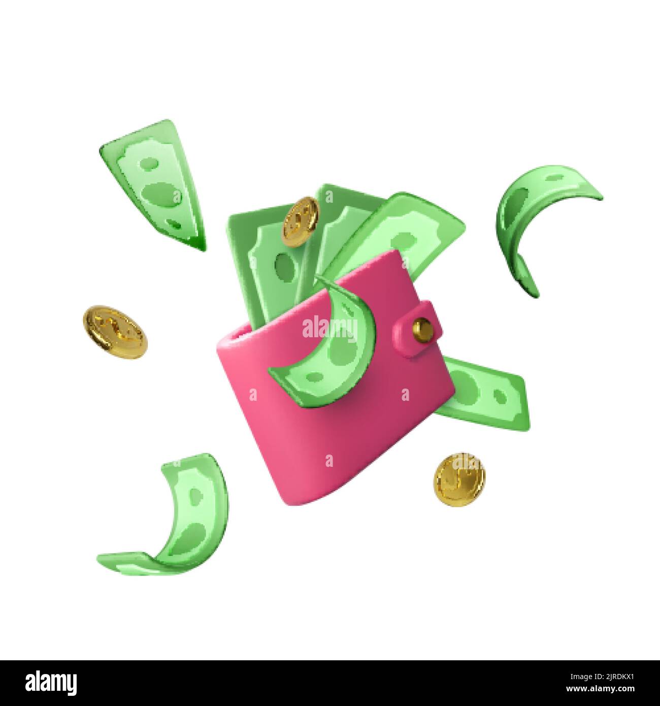 3D portafoglio con banconote in dollari verdi e monete d'oro. Concetto di business e finanza. Investimento di successo o servizio di rimborso. Illustrazione vettoriale Illustrazione Vettoriale