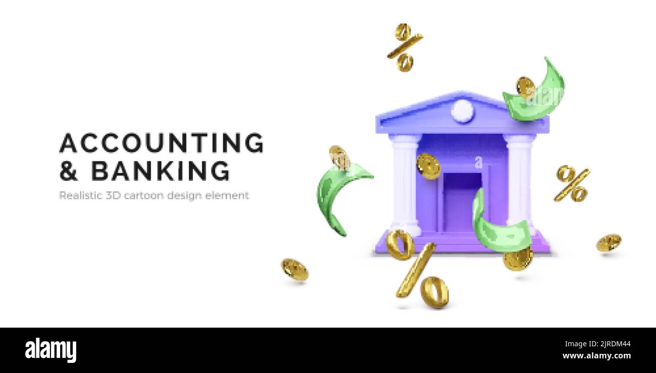 Banca edificio con segno di percentuale e cadendo monete d'oro e carta moneta. Offerta tasso di interesse deposito bancario. Illustrazione vettoriale Illustrazione Vettoriale