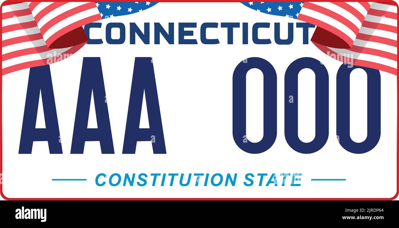 Marcatura delle targhe dei veicoli nel Connecticut negli Stati Uniti d'America, targhe dei veicoli. Numeri di patente di guida dei diversi stati americani. Vintage Illustrazione Vettoriale
