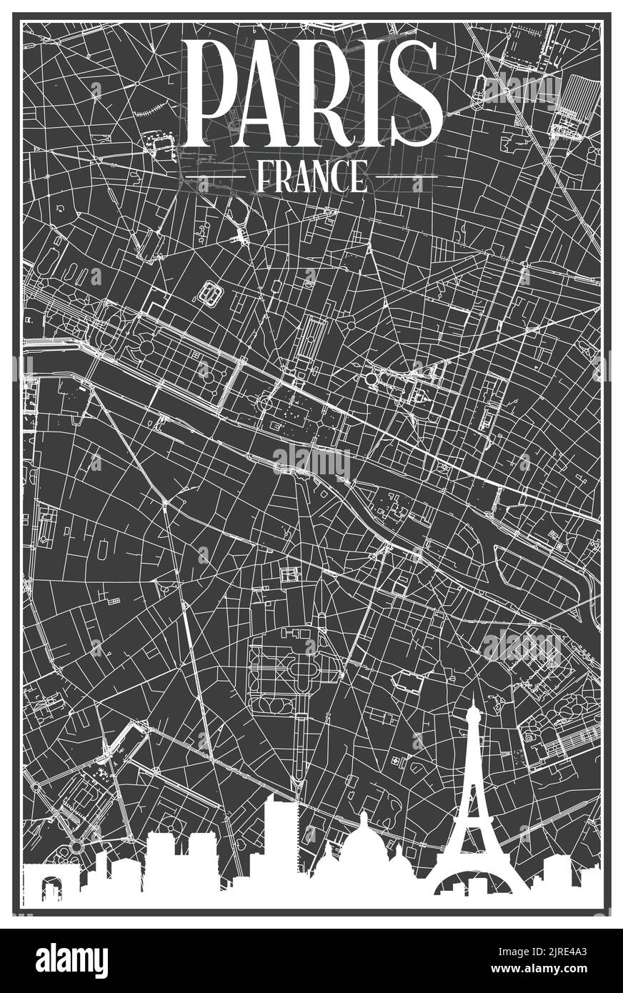 Poster dello skyline della città disegnato a mano con la rete di strade del centro di PARIGI, FRANCIA Illustrazione Vettoriale