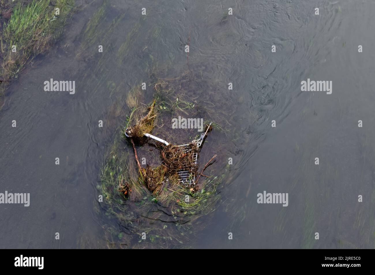 Un carrello per la spesa è stato gettato in acqua e lasciato inquinare i suoi dintorni. Foto Stock