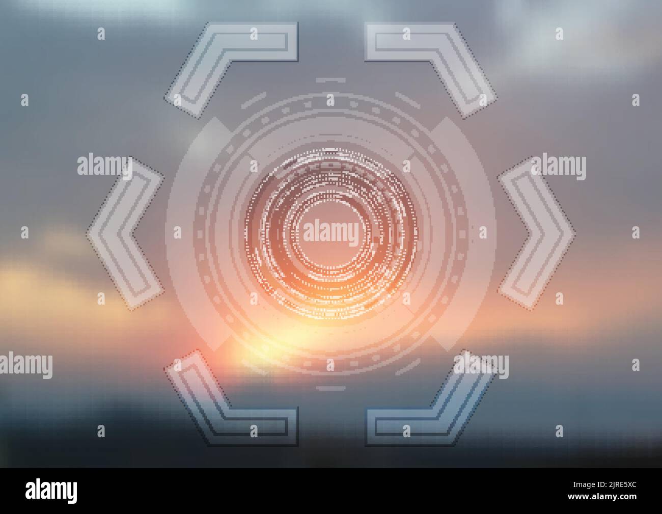 Tecnologia luminosa design HUD su sfondo sfocato al tramonto. Disegno vettoriale Illustrazione Vettoriale