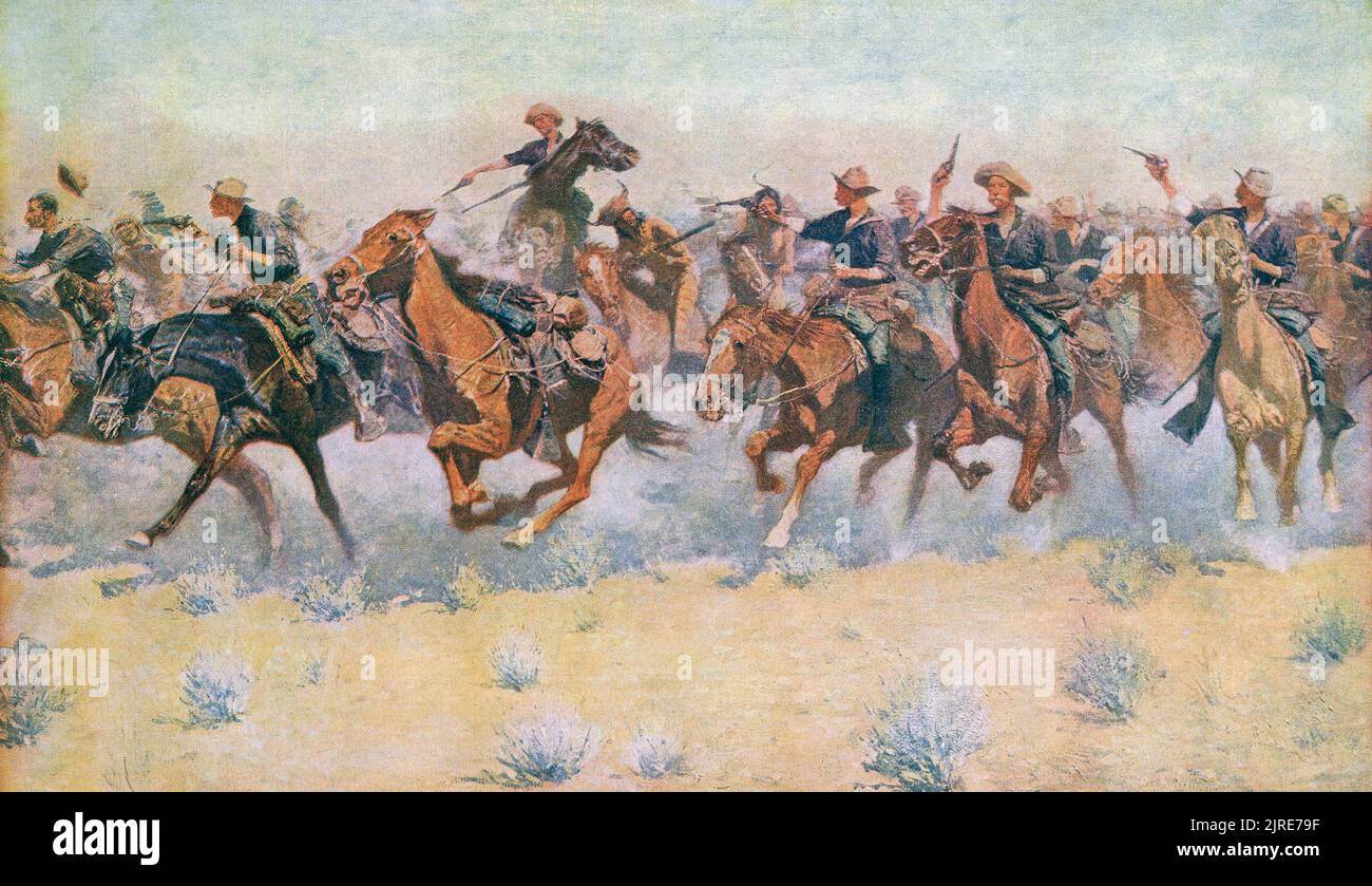 La carica. Dopo un'opera dell'artista americano Frederic Sackrider Remington, 1861 – 1909. Un'unità della cavalleria degli Stati Uniti ha accusato in un partito di guerra indiano. Questo dipinto fu commissionato nel 1906 dal Knickerboker Hotel di New York City. Foto Stock