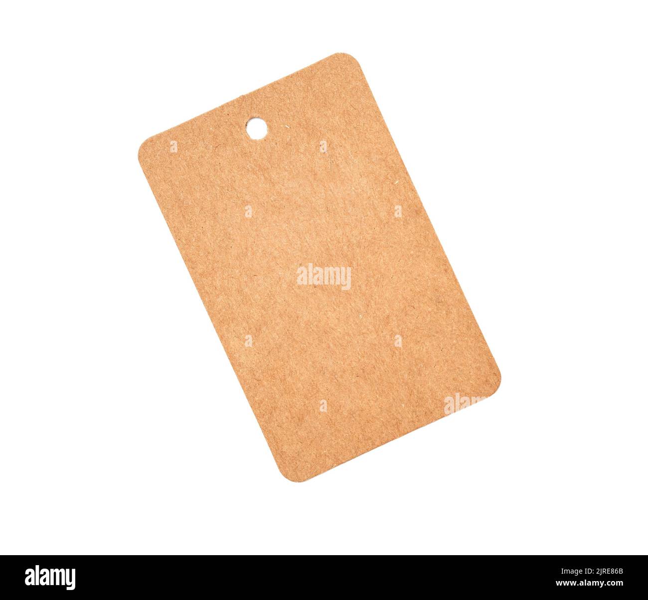 Etichetta di carta marrone con foro rotondo senza corda isolata su bianco come mockup vuoto Foto Stock