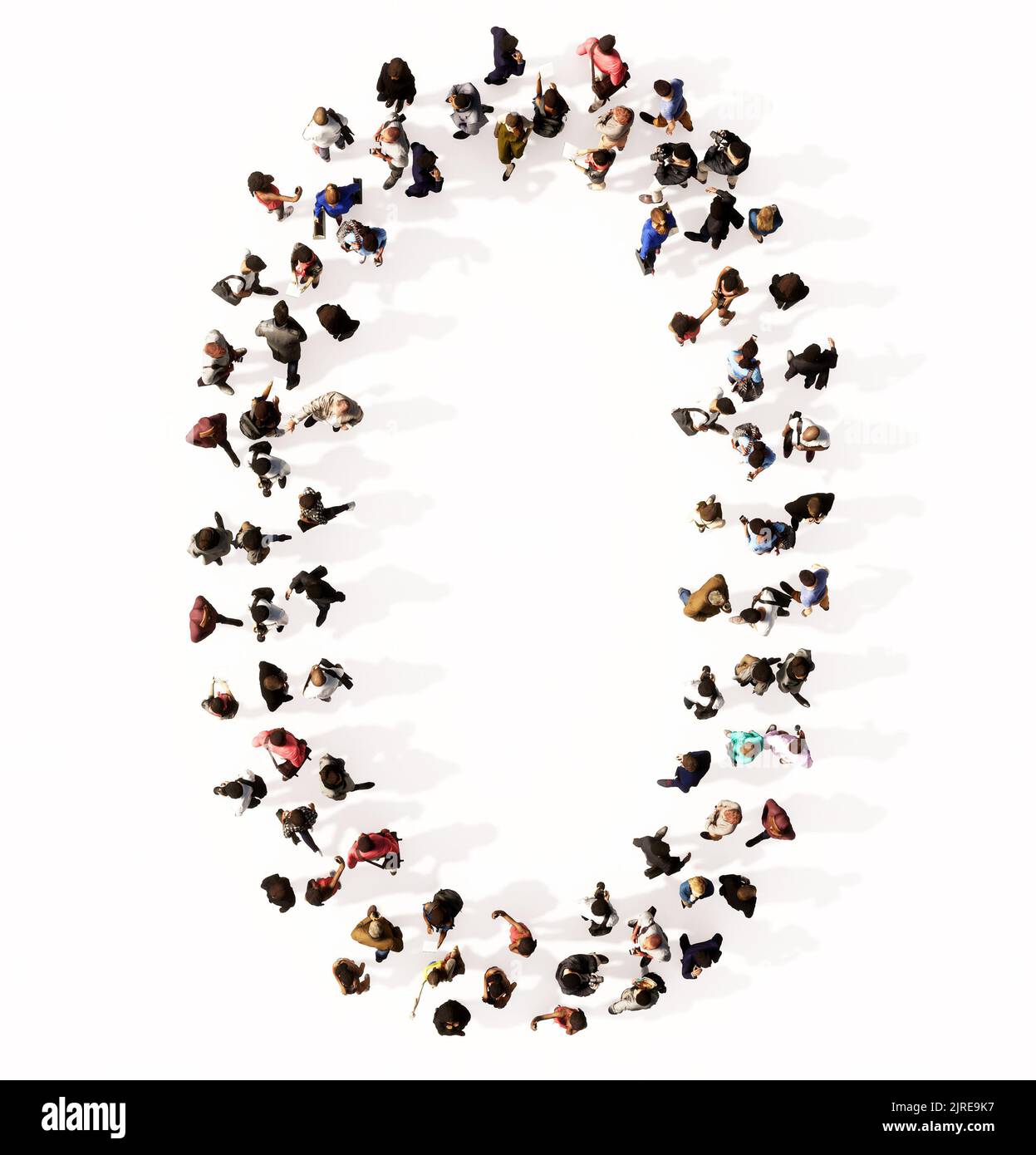 Concetto o concettuale grande comunità di persone che formano il font 0. 3d illustrazione metafora per unità e diversità, umanitario, lavoro di squadra, coopera Foto Stock