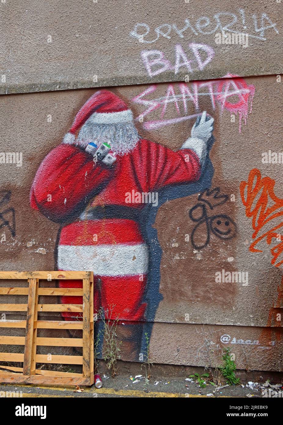 Bad Santa di @SecaOneArt , scrivendo su un muro, a Blackpool, graffiti, 67 Church St, Blackpool, Lancashire, Inghilterra, Regno Unito, FY1 1HU Foto Stock