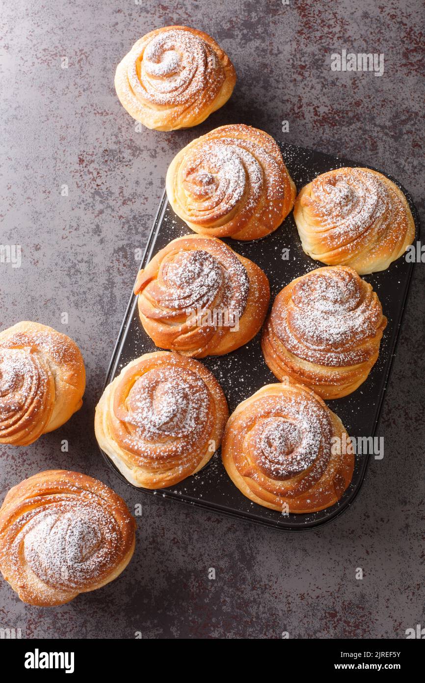 Crocini sfridati e burrosi e ricoperti di zucchero a velo nella teglia per muffin sul tavolo. Vista verticale dall'alto Foto Stock