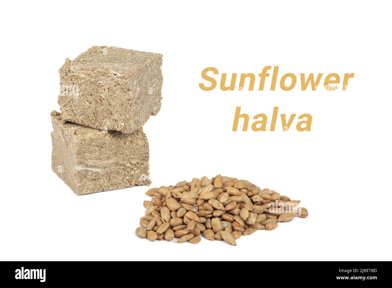 Due cubetti di girasole halva e semi su fondo bianco con l'iscrizione Girasole halva. Dolci orientali. Foto Stock