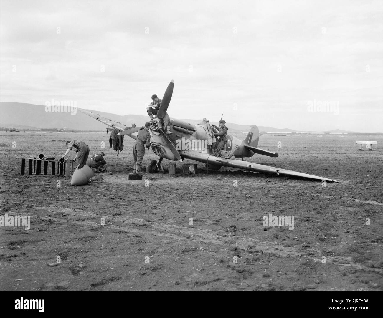 Royal Air Force operazioni in Medio Oriente e Nord Africa, 1939-1943. Operazione Torch: uomini di n. 3203 Manutenzione di commando sul lavoro il Supermarine Spitfire Mark VB, EP286, che ha subito il guasto del sottocarro in atterraggio a osso, Algeria, dopo un rinforzo volo traghetto da Gibilterra. EP286 è stato riparato e servito in Nord Africa e in Italia con il n. 1435 il volo e No.208 Squadron RAF. Foto Stock