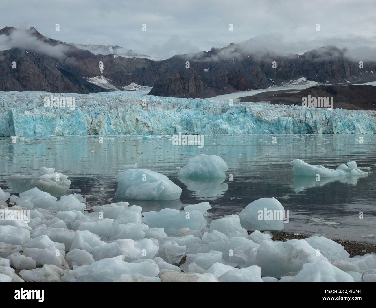 Vista panoramica del 14th luglio Ghiacciaio o la Fjortende Julibreen. È un bellissimo ghiacciaio che si trova nel nord-ovest di Spitsbergen. Floating Pack Ice Foto Stock