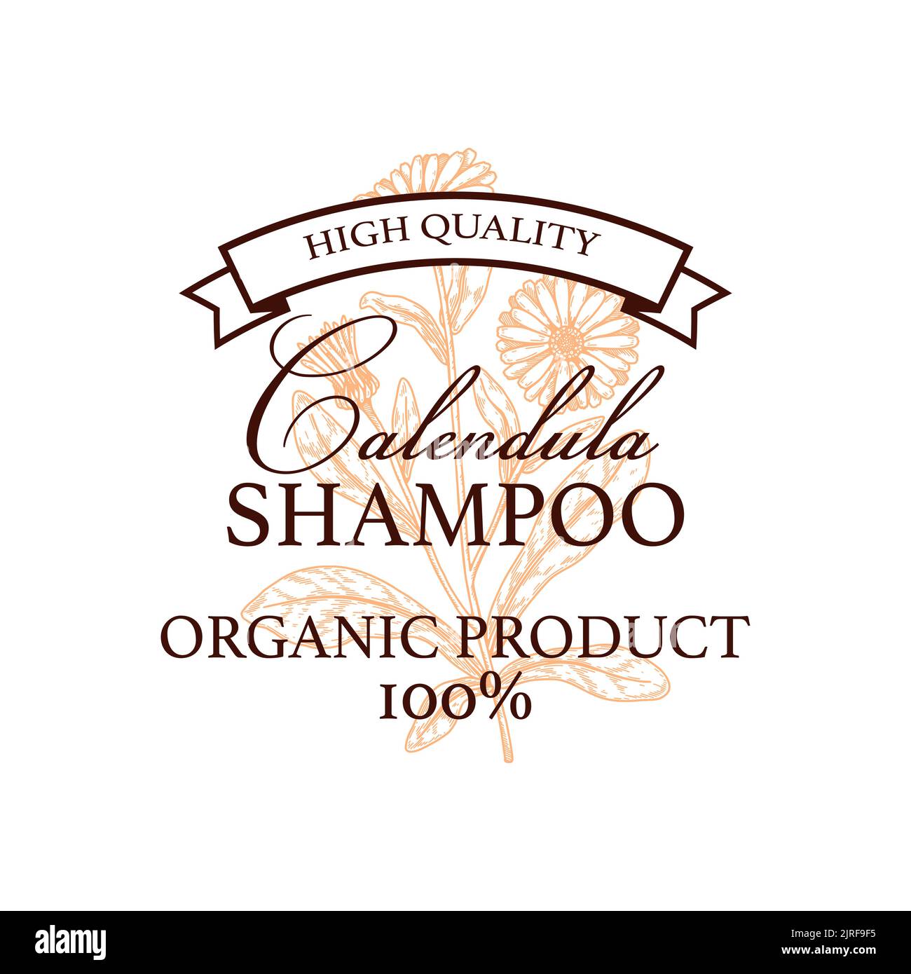 Design del logo del prodotto calendula vintage disegnato a mano. Illustrazione vettoriale nello stile di schizzo. Può essere utilizzato per l'imballaggio Illustrazione Vettoriale