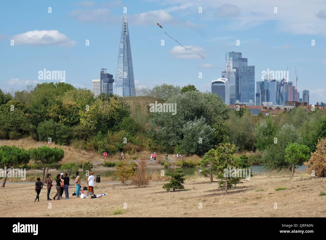 Londra, Regno Unito. Una vista degli edifici della City of London come si vede da un punto panoramico nel Burgess Park durante l'estate. Foto Stock