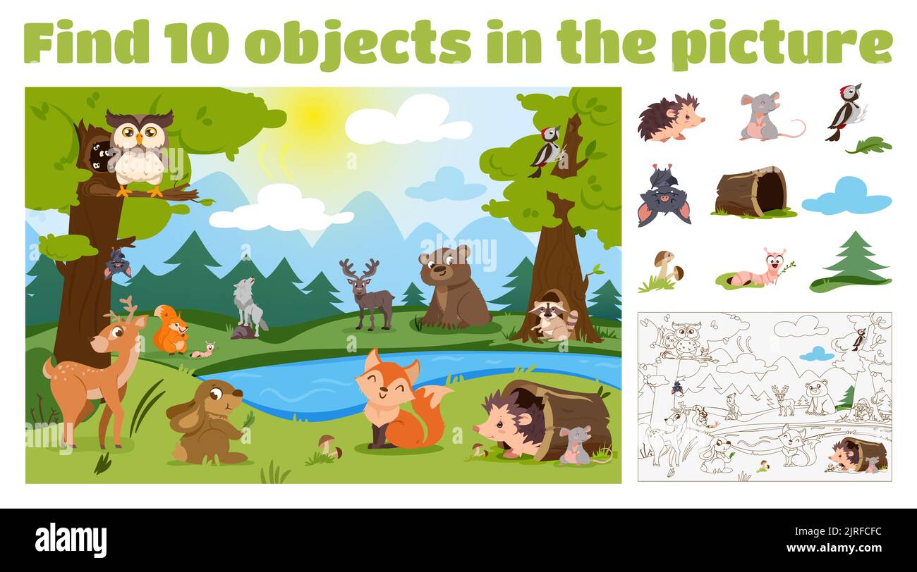 Trovare 10 oggetti nascosti nell'immagine. Puzzle educativo gioco per bambini con cartoni animati animali della foresta in natura selvaggia. Informazioni sulla ricerca di elementi e sulla pagina del libro da colorare. Fauna selvatica e uccelli con lago, alberi. Illustrazione Vettoriale