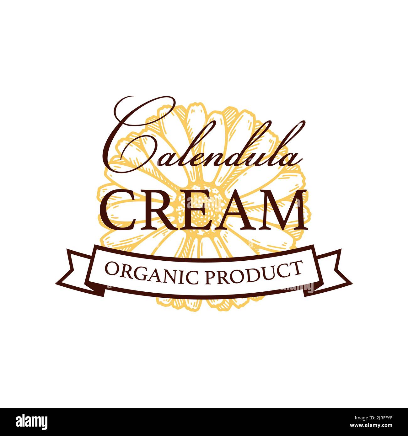 Design del logo del prodotto calendula vintage disegnato a mano. Illustrazione vettoriale nello stile di schizzo. Può essere utilizzato per l'imballaggio Illustrazione Vettoriale