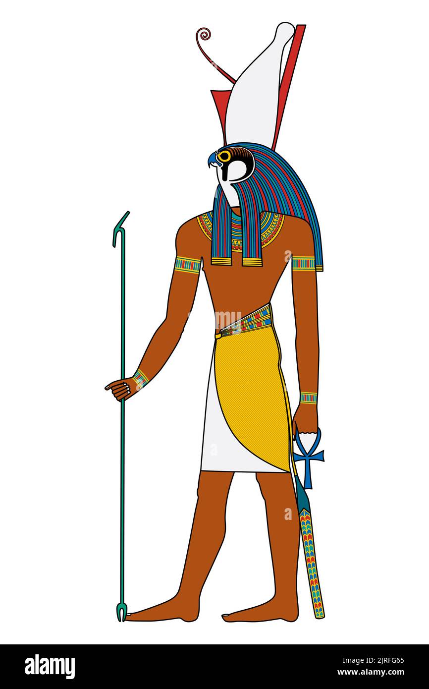 Horus, dio della regalità e del cielo nell'antico Egitto. Divinità tutelaria, raffigurata come un falco capeggiato, che indossa il pschent, una corona rossa e bianca. Foto Stock