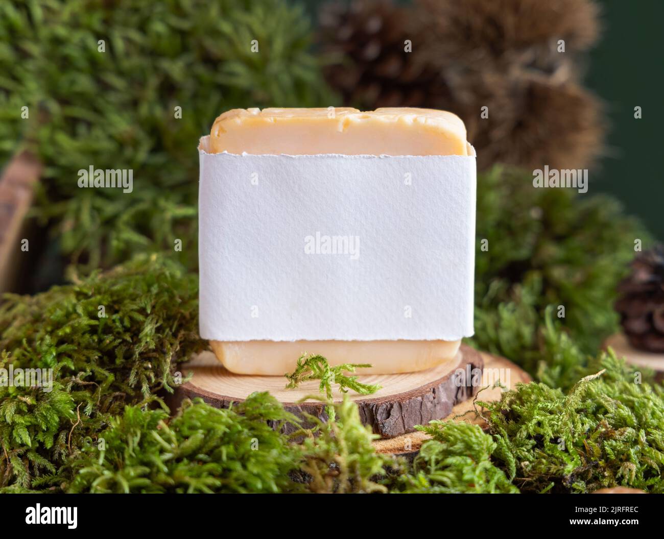 Saponetta fatta in casa con etichetta vuota su pezzo di legno vicino al muschio verde, primo piano spazio copia. Mockup cosmetico naturale. Routine quotidiana di bellezza Skincare wit Foto Stock