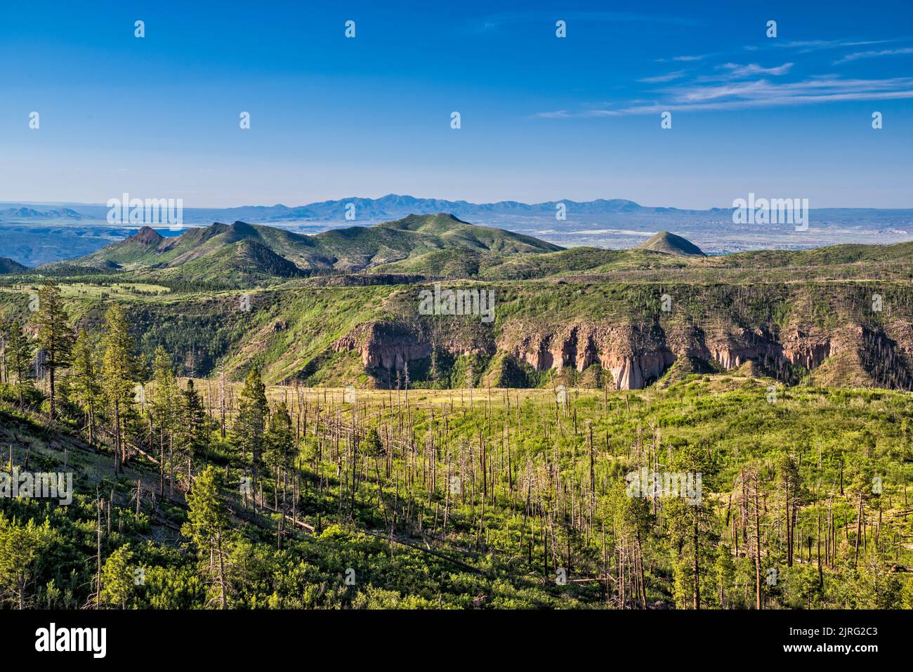 Cañon de los Frijoles, massiccio del Saint Peters Dome dietro, Jemez Mountains, vista dalla strada NM-4 vicino a Los Alamos, New Mexico, USA Foto Stock