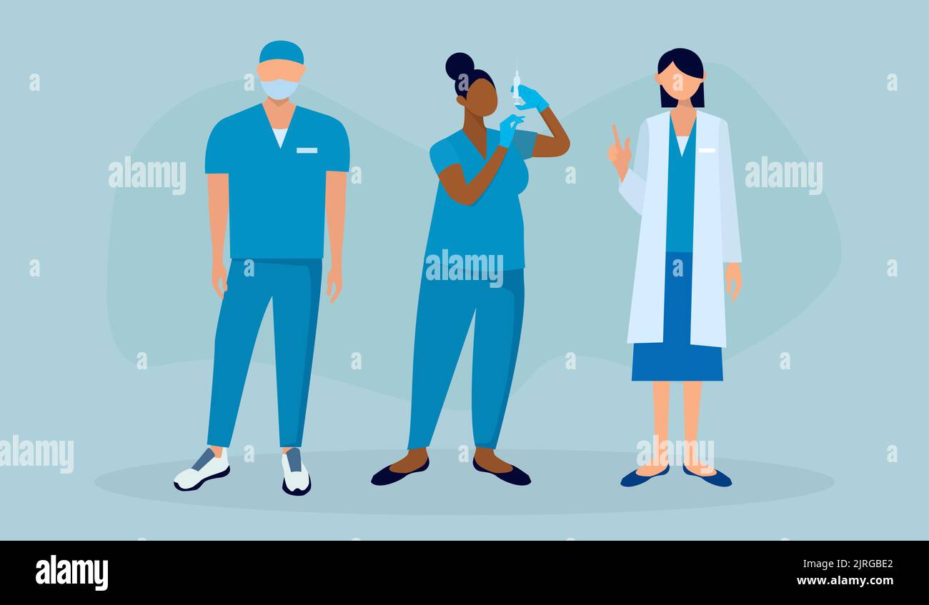 Un team medico di tre stand con diversi accessori per i medici Illustrazione Vettoriale