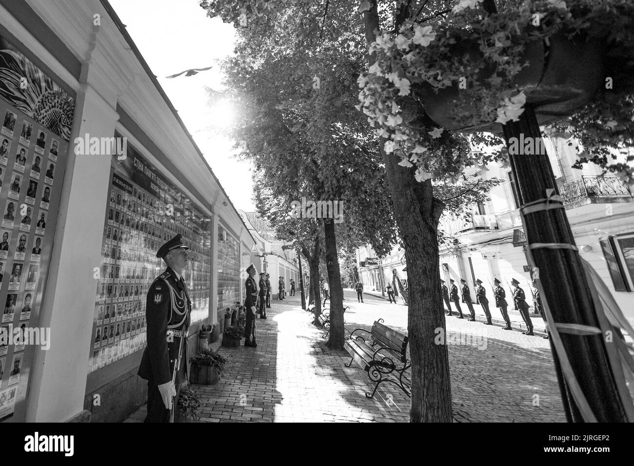 Il giorno dell'indipendenza dell'Ucraina, il presidente Volodymyr Zelenskyy e la prima signora Olena Zelenska hanno onorato la memoria dei difensori del nostro stato caduti durante la guerra russo-Ucraina. La coppia presidenziale ha posato i fiori al Muro della memoria vicino alla Cattedrale di San Michele a Kyiv. Una compagnia di guardie d'onore fu schierata e la surma suonò. La memoria degli eroi ucraini fu onorata con un momento di silenzio. Foto Stock