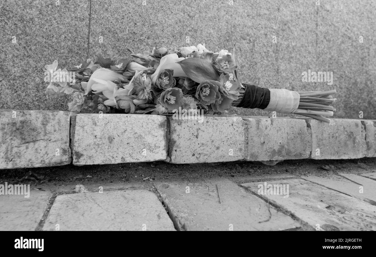 Il giorno dell'indipendenza dell'Ucraina, il presidente Volodymyr Zelenskyy e la prima signora Olena Zelenska hanno onorato la memoria dei difensori del nostro stato caduti durante la guerra russo-Ucraina. La coppia presidenziale ha posato i fiori al Muro della memoria vicino alla Cattedrale di San Michele a Kyiv. Una compagnia di guardie d'onore fu schierata e la surma suonò. La memoria degli eroi ucraini fu onorata con un momento di silenzio. Foto Stock