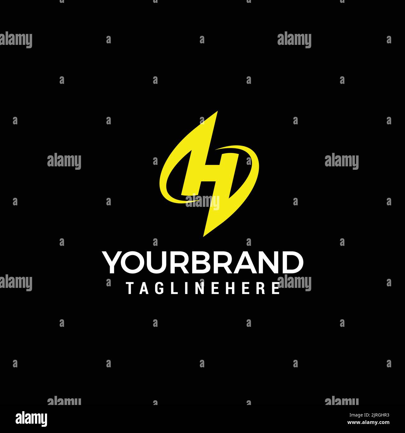 Logo lettera H della Corporation con icona Swoosh curva creativa elemento modello vettoriale in nero e giallo. Illustrazione Vettoriale