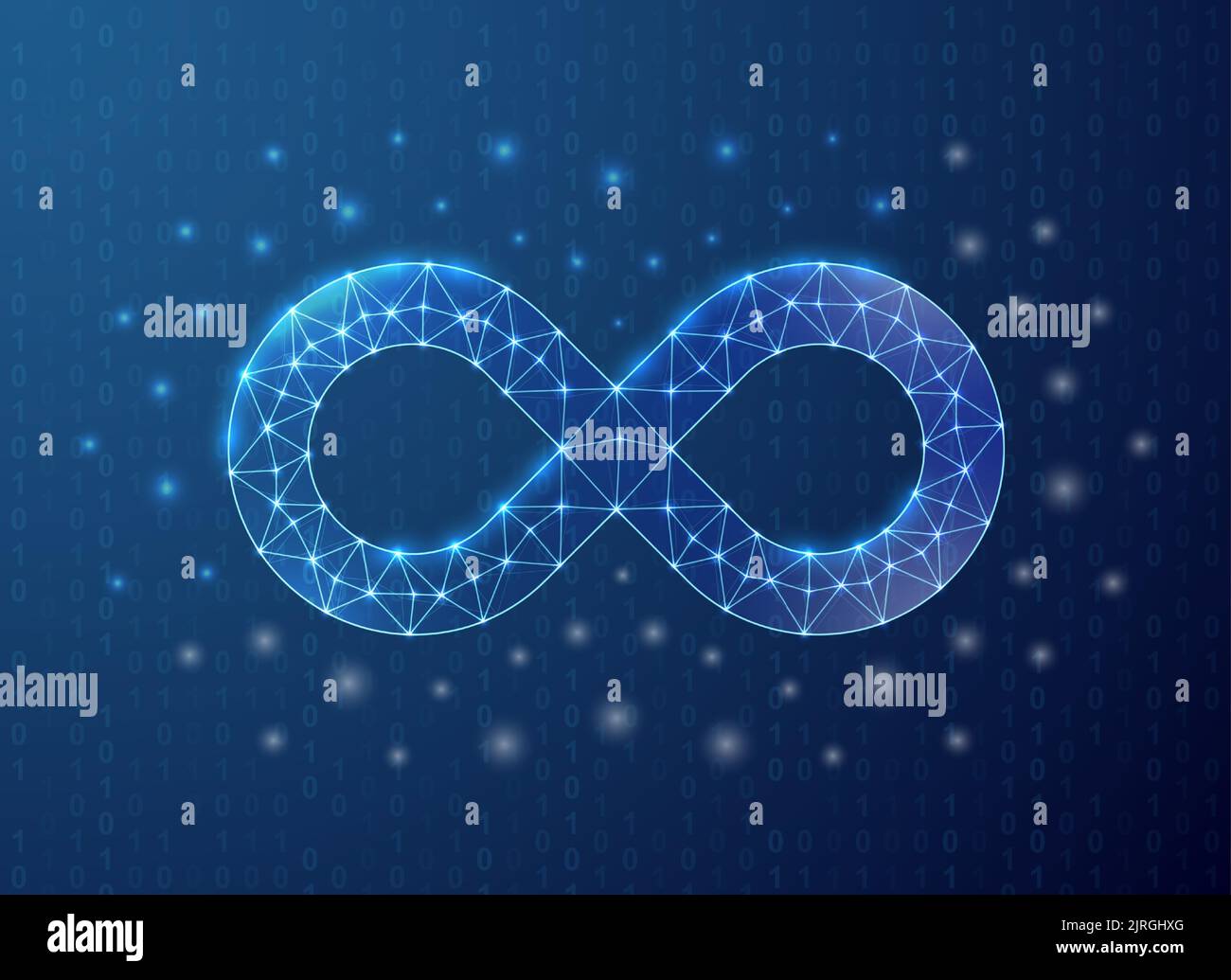 Simbolo poligonale infinito con sfondo di codice binario. Illustrazione vettoriale di progettazione di Forever Concept. Blu simbolo poly basso illimitato con punti collegati Illustrazione Vettoriale
