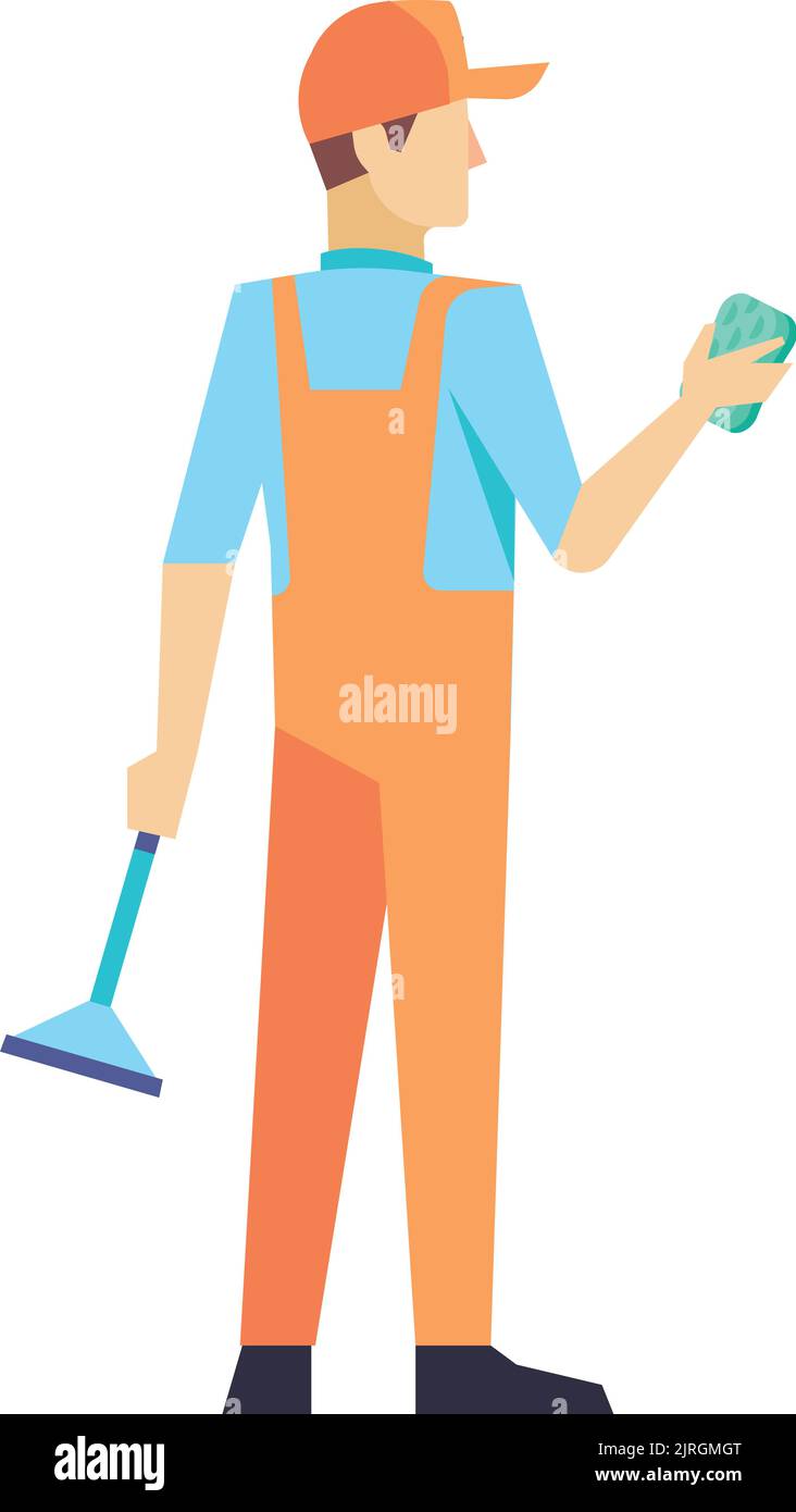 Janitor funzionante. Uomo che pulisce con attrezzi professionali Illustrazione Vettoriale