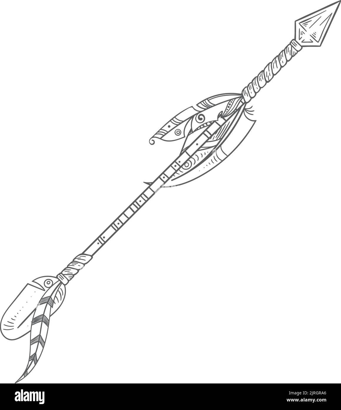 Schizzo con freccia. Disegno di armi di piuma tribale nativo Illustrazione Vettoriale