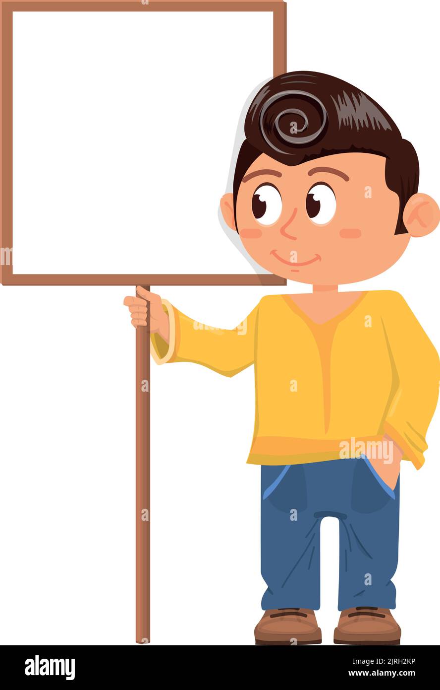 Banner quadrato in mani di bambino. Fuuny cartone animato con cartellone Illustrazione Vettoriale