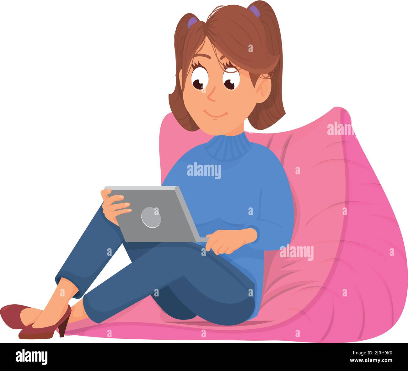 Ragazza seduta su una sedia morbida con un computer portatile. Accogliente tempo casa Illustrazione Vettoriale