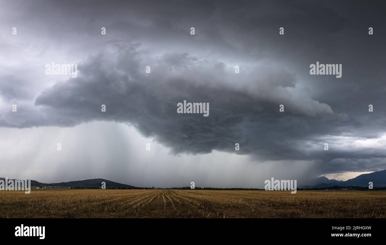 Tempesta distruttiva di supercelle che porta pioggia e vento sul campo agricolo Foto Stock