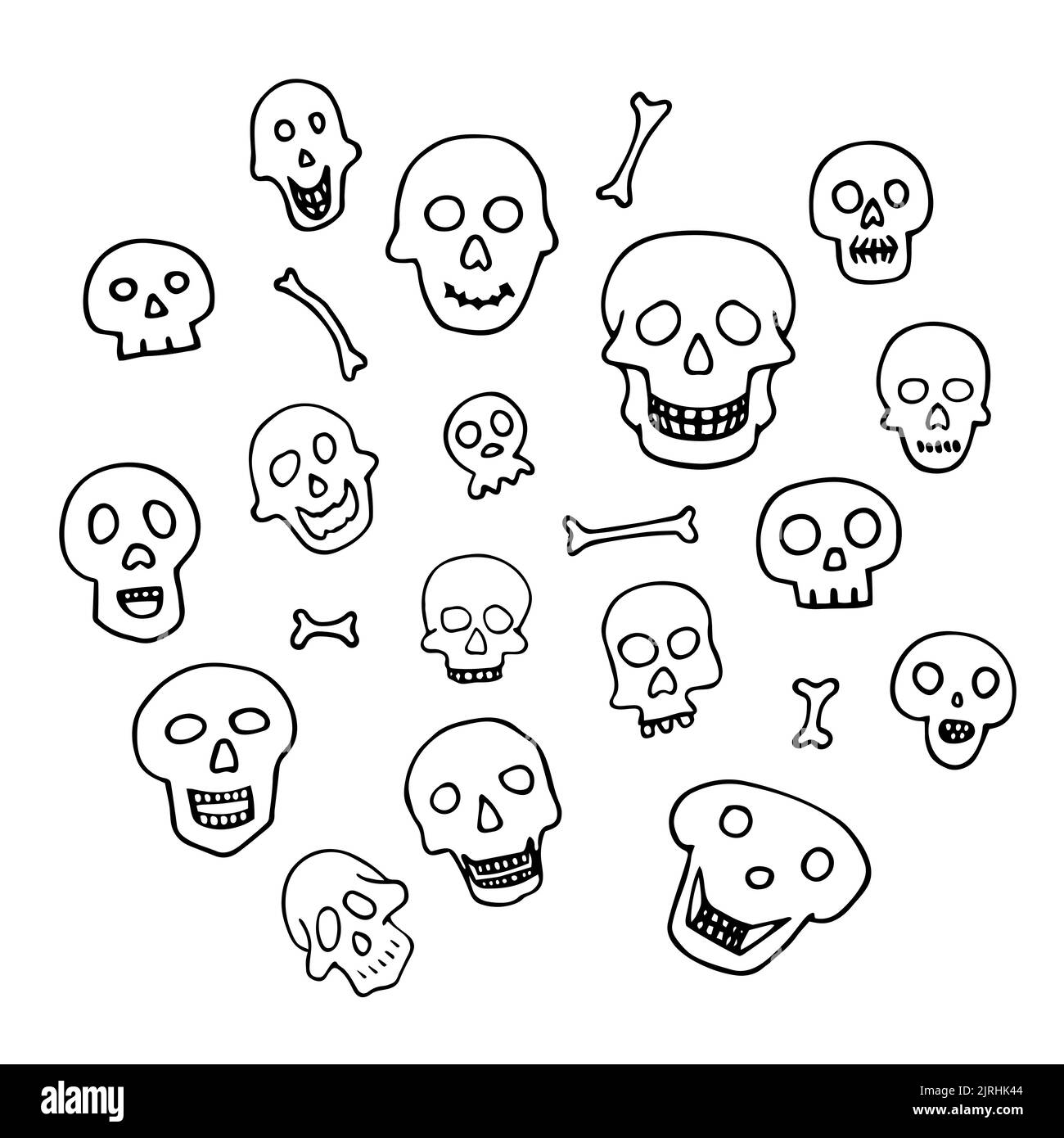 Set di sculture Doodle Halloween. Contorno scheletro isolato su sfondo bianco. Carino cranio spaventoso disegnato a mano. Carattere mistico dello schizzo. Illustrazione vettoriale Illustrazione Vettoriale