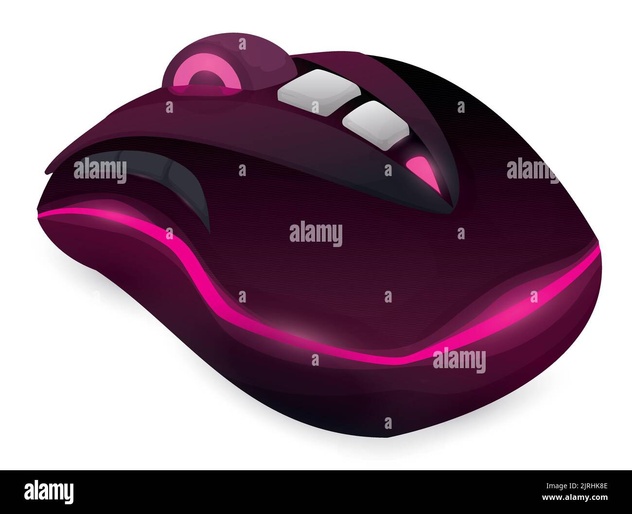 Vista del mouse nero del computer, con pulsanti speciali laterali e centrali, luci a LED di scorrimento e rosa incandescente. Illustrazione Vettoriale