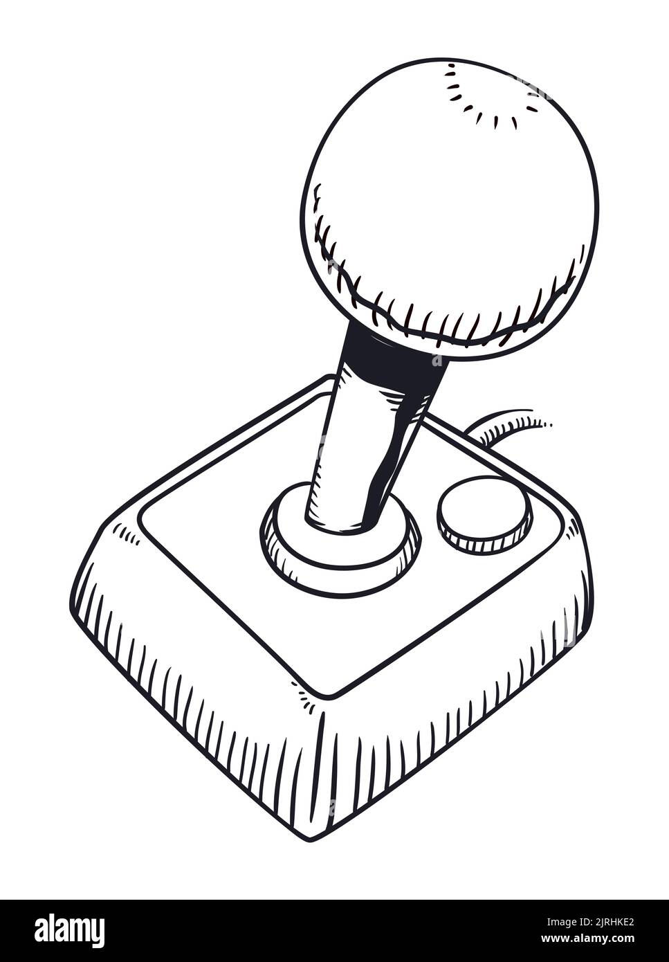Controller vintage per videogiochi con joystick, pulsante e cavo in stile disegnato a mano. Illustrazione Vettoriale