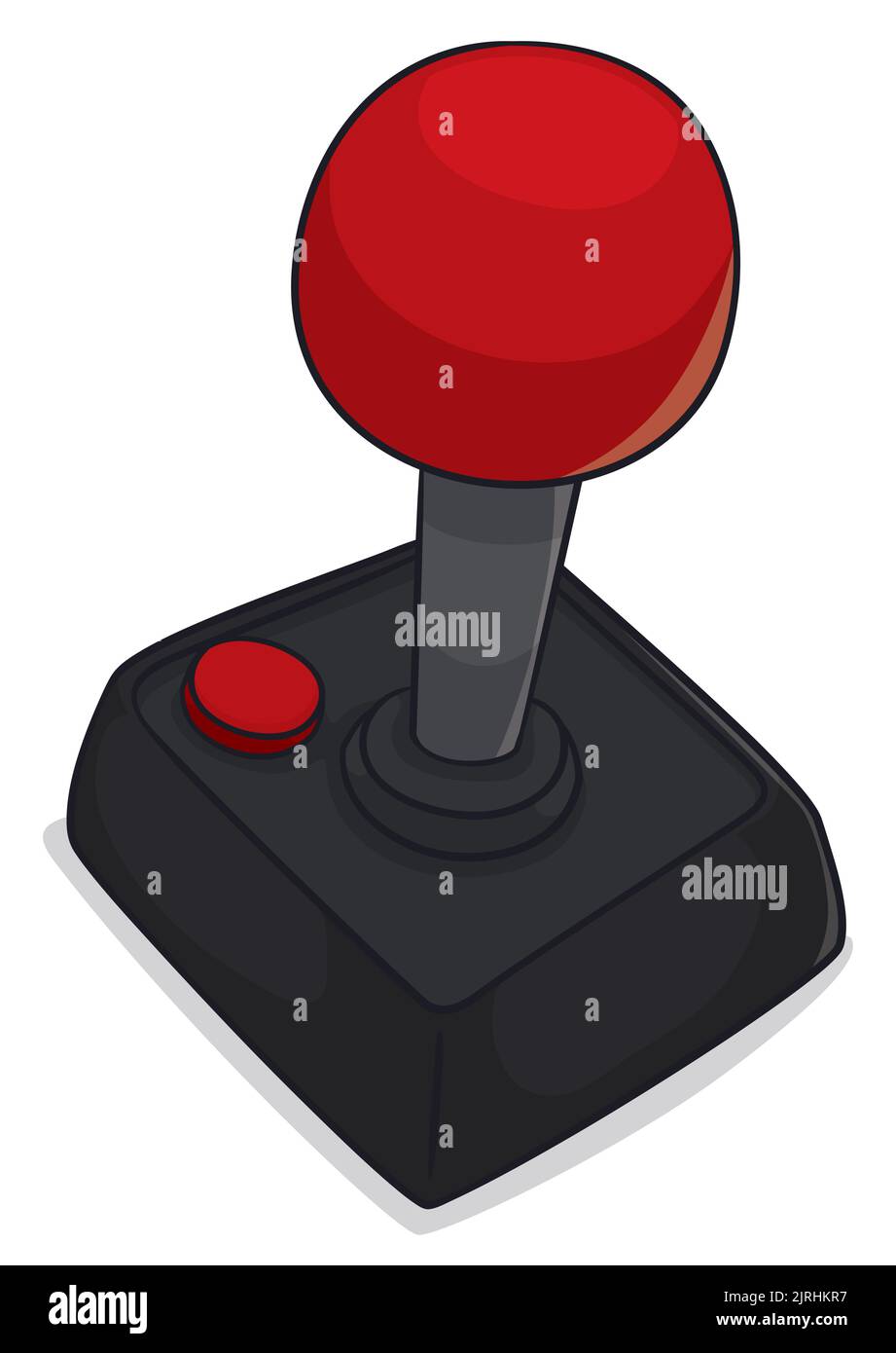 Controller joystick nero e rosso retro con un solo pulsante, simile ai pad arcade. Illustrazione Vettoriale