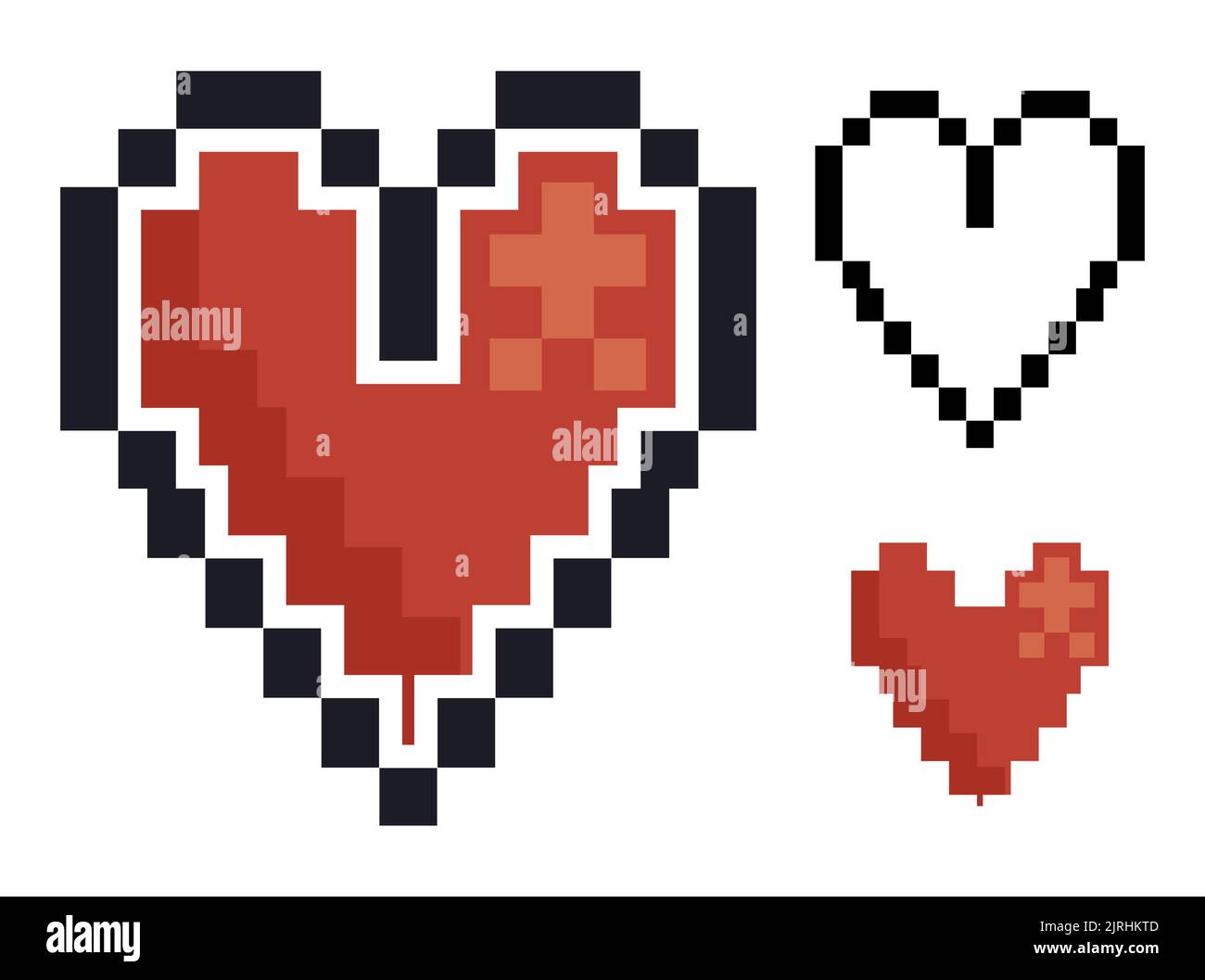 Visualizzazione di tre cuori in pixel art, con dimensioni diverse per i videogiochi retrò. Illustrazione Vettoriale