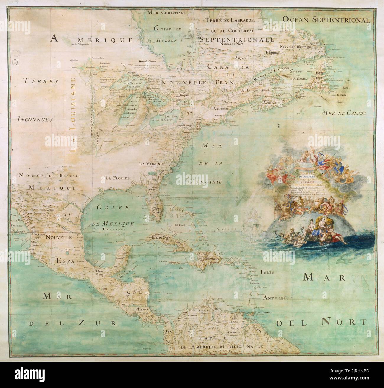 Vintage 17th ° secolo mappa del Nord America orientale, Messico, Caraibi e parte del Sud America ca. 1681 Foto Stock