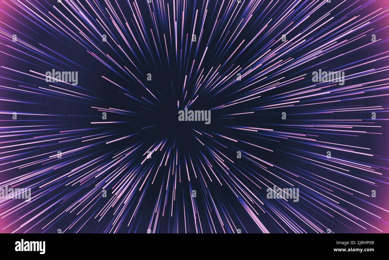 Sfondo del motivo di movimento dinamico della velocità spaziale. Vettore astratto Starburst esplosione di raggi di luce al neon o tunnel linee su sfondo geometrico Foto Stock