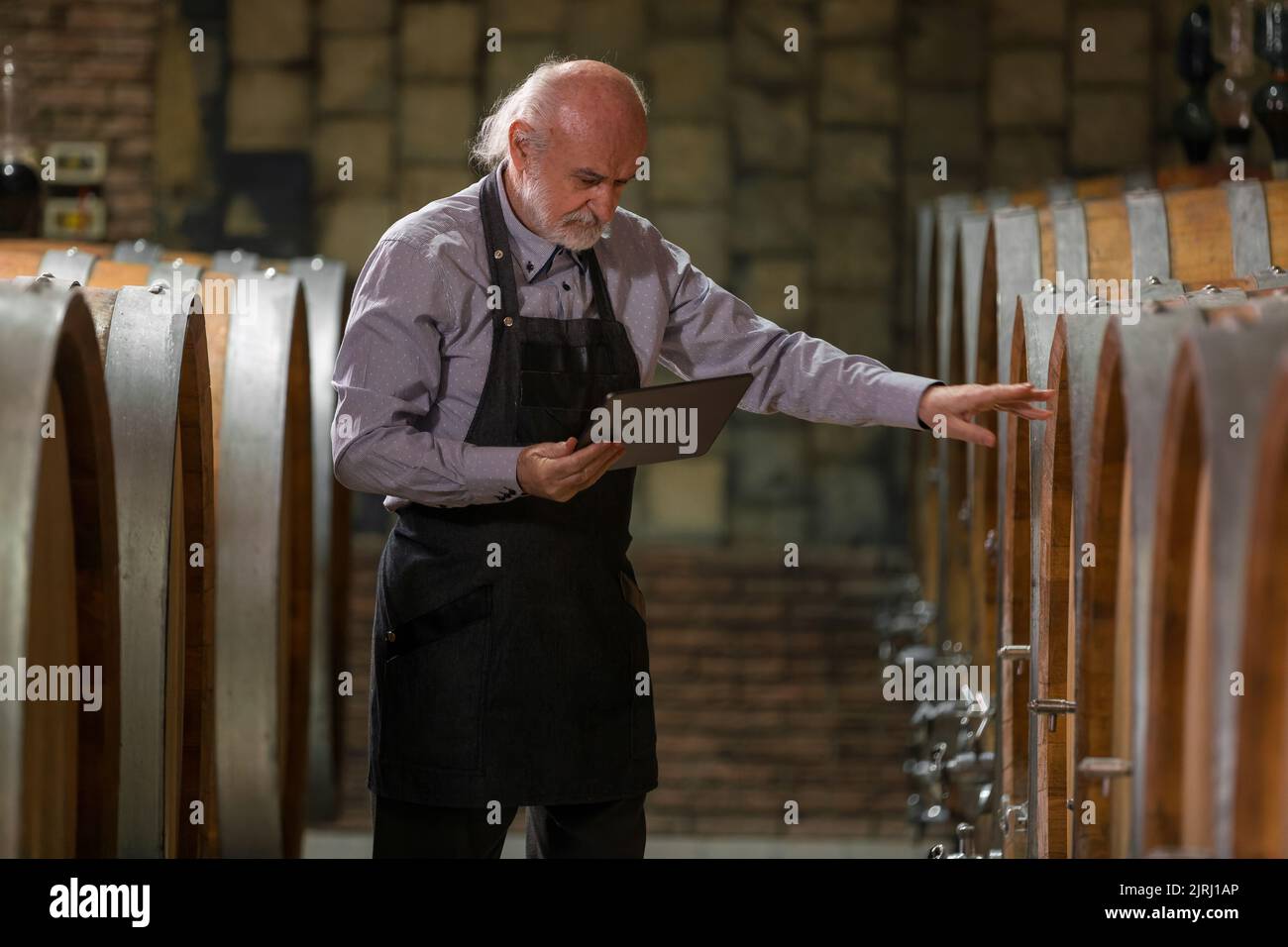 Uomo anziano caucasico, un enologo di greybeard con grembiule che controlla grandi botti di legno in una cantina di vino e l'immissione di dati in un dispositivo tablet Foto Stock