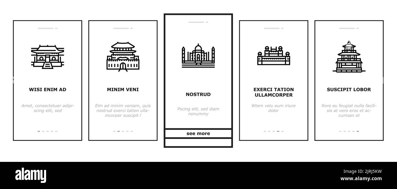Le icone di onboarding di Asia Building e Land Scape impostano il vettore Illustrazione Vettoriale