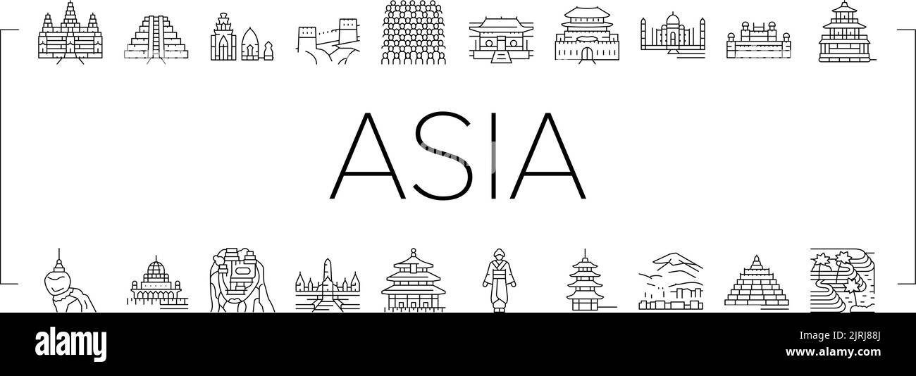 Asia Building e Land Scape icone Set Vector Illustrazione Vettoriale